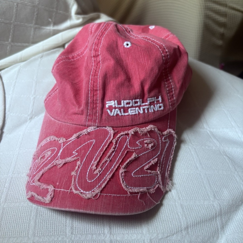 Vtg Y2K Rudolph Valentino Red Distressed Baseball Hat Cap RV Logo Embroidered - Picture 1 of 6